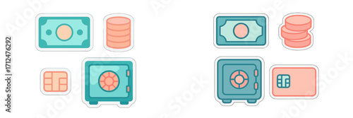 Collection of financial security and digital payment icons featuring paper money, stacked coins, a secure safe, and a credit card chip
