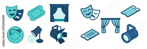 Collection of theater and drama icons featuring comedy and tragedy masks, tickets, curtains, and spotlights