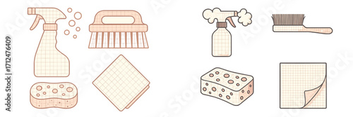 Essential household cleaning tools set including spray bottles, scrubbing brushes, sponges, and cloths for domestic tasks