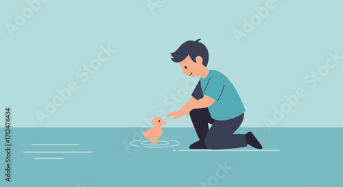 Boy Interacting Playfully With a Small Duckling in a Pond of Water