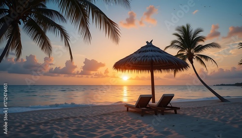 Fototapeta Naklejka Na Ścianę i Meble -  Tropical beach sunset with palm trees and lounge chairs under a tiki umbrella