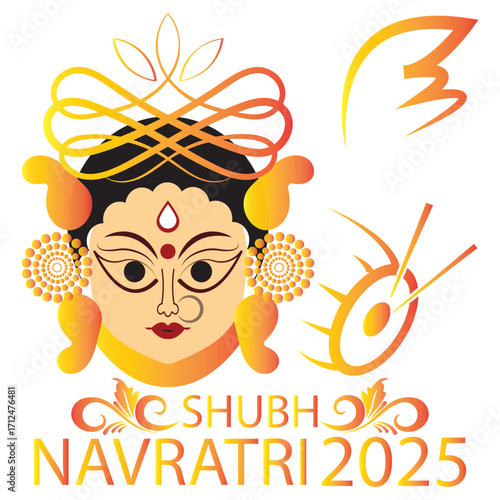 Shubh Navratri 2025 Goddess Durga Face Art. Colorful illustration of Goddess Durga face with decorative patterns and Shubh Navratri 2025 text, ideal for festival greetings and celebration EPS 10/AI. 