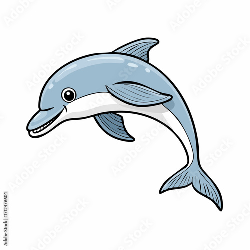Cartoon illustration of a light blue dolphin with a white belly, smiling and leaping out of the water, depicted with a friendly expression.