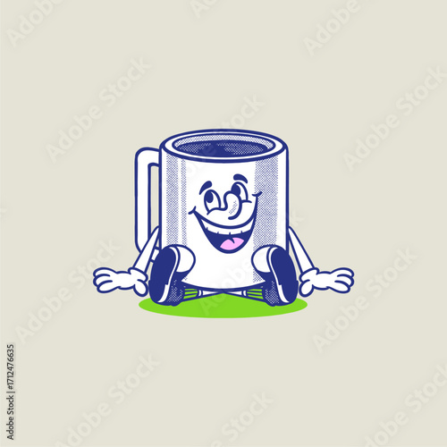 mug cup retro cartoon character mascot illustration with happy face for drink product, plantation, grocery, health food, cafes mascots and merchandise. groovy, vector, editable, icon, tea, coffee, hot