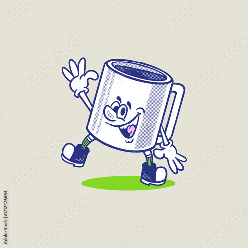 mug cup retro cartoon character mascot illustration with happy face for drink product, plantation, grocery, health food, cafes mascots and merchandise. groovy, vector, editable, icon, tea, coffee, hot