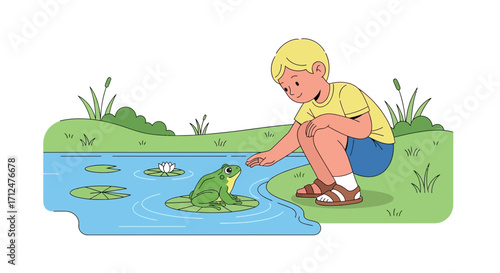 Boy Interacting With A Frog On A Lily Pad Beside The Pond In Nature