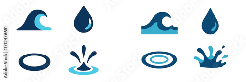 Stylized water icons with waves, drops, and splashes representing liquid and ocean themes
