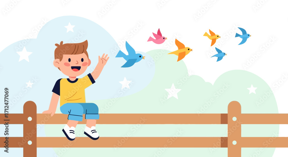 Fototapeta premium Child Waving, Birds Fly in Sky, Sunny Day, Animated Illustration, Happy Boy on Fence