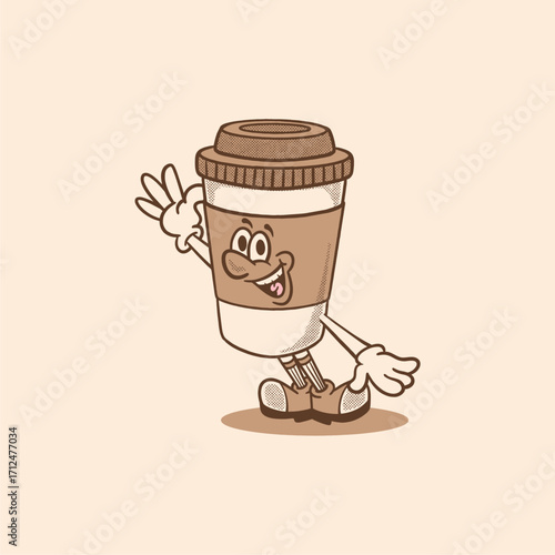 paper cup retro cartoon character mascot illustration with happy face for drink product, plantation, grocery, health food, cafes mascots and merchandise. groovy, vector, editable, icon