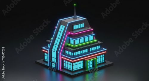 A futuristic building with neon lights, showcasing a modern architectural design and creating a vibrant and eyecatching visual appeal against a dark background