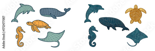 Stylized marine life collection featuring dolphin, whale, sea turtle, seahorse, and stingray with abstract grid texture