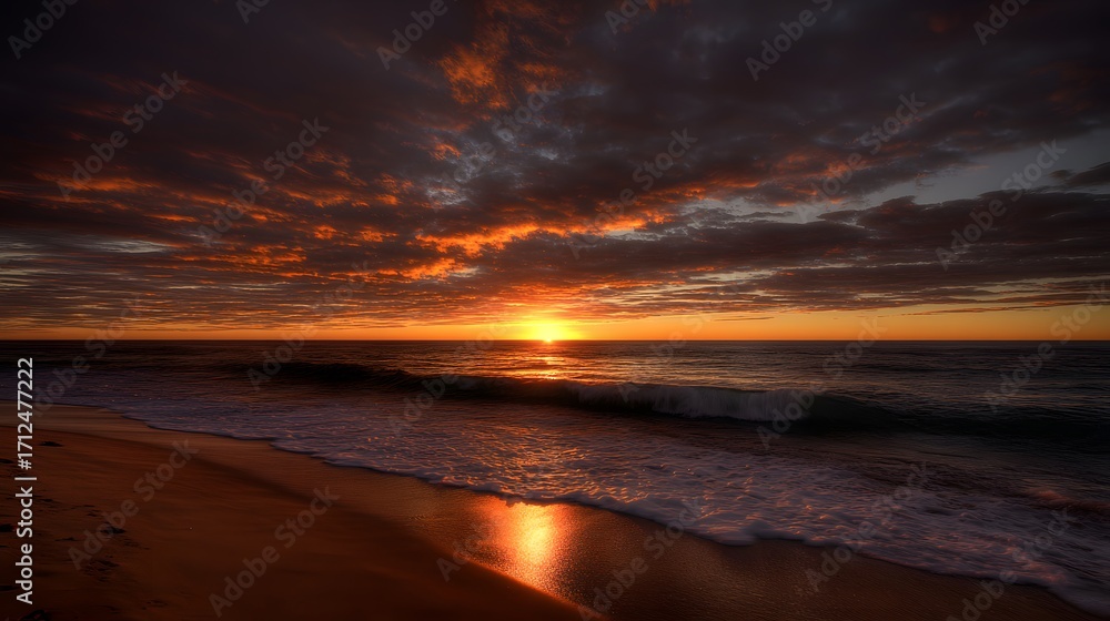 Obraz premium A breathtaking tropical beach sunset with vibrant clouds and golden reflections on the wet sand.