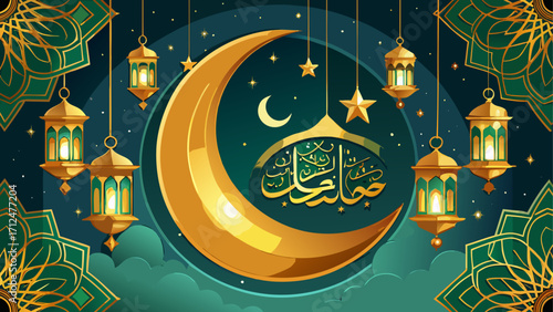 Ramadan kareem crescent moon and lanterns