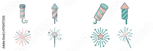Assortment of festive pyrotechnic elements including firework rockets, sparklers, and bursting explosions in soft pastel colors