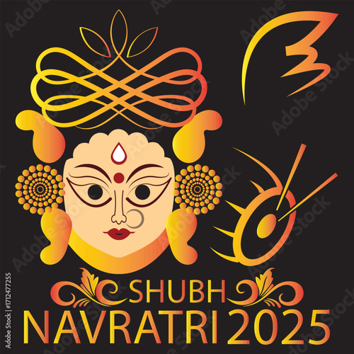 Shubh Navratri 2025 Goddess Durga Face Art. Colorful illustration of Goddess Durga face with decorative patterns and Shubh Navratri 2025 text, ideal for festival greetings and celebration EPS 10/AI. 