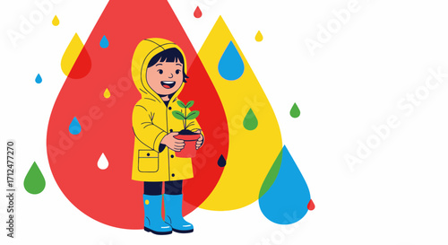 Child With A Plant Enjoys The Rain And Symbolizes Growth And Environmental Care