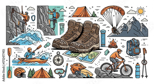 A captivating illustration showcasing a variety of outdoor adventure activities, including hiking, climbing, kayaking, and cycling, all set against a scenic backdrop
