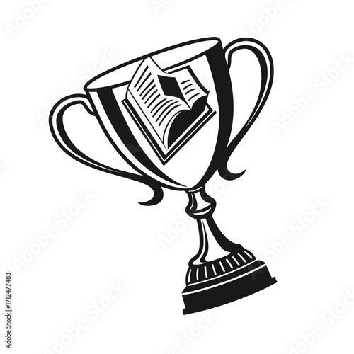 Black and white illustration of a trophy cup with an open book symbolizing knowledge and achievement, representing literary awards and academic success