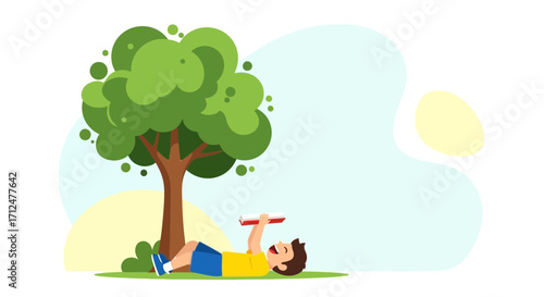 Boy Lying Under Tree Reading Book Enjoying Outside Nature and Sunny Day