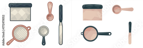 Assortment of kitchen baking tools including sifters, measuring spoons, and spatulas with modern geometric low poly design