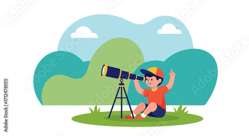 Childhood Exploration: A Young Explorer Using a Telescope in a Green Landscape