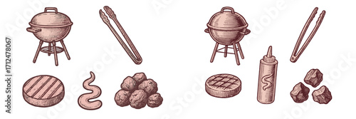 Vintage style barbecue grilling equipment, raw food items, and condiments for a perfect outdoor summer cookout