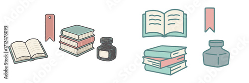 Essential reading and writing elements featuring open books, stacked books, inkwells, and decorative page markers