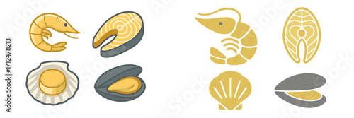 Collection of fresh seafood icons including shrimp, salmon, scallop, and mussel in two distinct styles