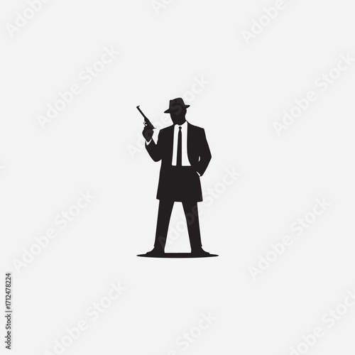 Silhouette of a man in a fedora and suit holding a pistol