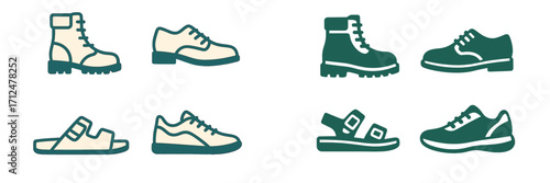 Modern footwear icons collection featuring boots, sneakers, dress shoes, and casual sandals in a diverse set