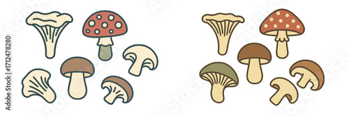 Assortment of wild and cultivated fungi with different cap and stem shapes, showcasing various mushroom types in earthy tones