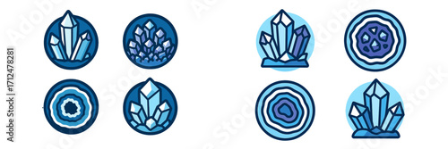 Set of blue crystal and geode icons featuring various shapes and formations in a modern flat design