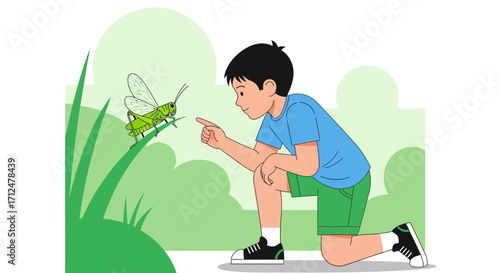 Boy Observes A Grasshopper, Discovering Bugs, Learning Simple Details About The Nature