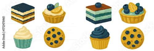 Assortment of delicious baked goods and sweet desserts including cakes tarts cupcakes and cookies with fruit toppings