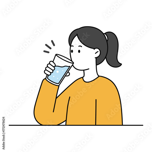 Vector art of young woman drinking water from a glass