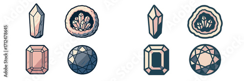 Assortment of stylized precious gemstones, raw crystals, and mineral geodes in diverse shapes and soft pastel colors