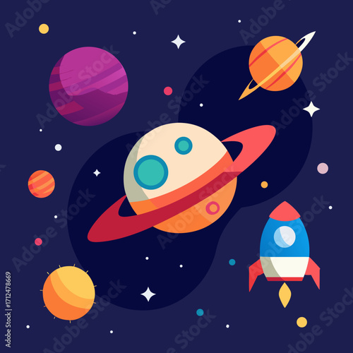 Colorful planets and rocket in deep space stars galaxy