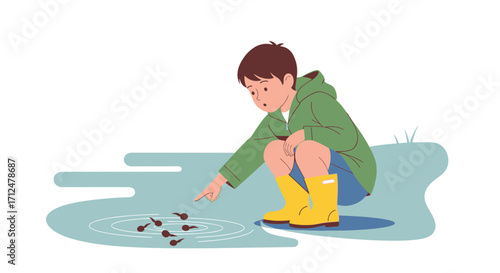 Boy Observes Tadpoles In Pond Water, Wondering About Natural Growth And Discovery