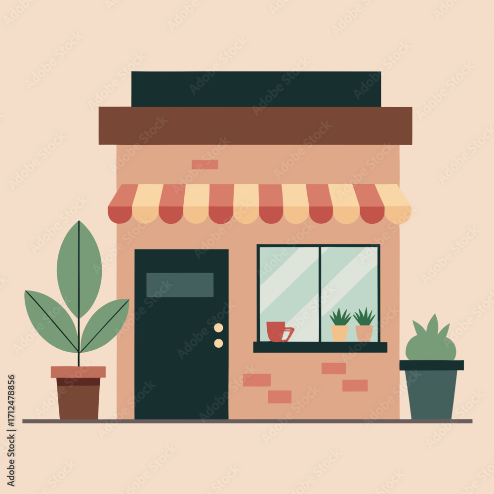 Obraz premium Minimalist coffee shop exterior with plants potted plants