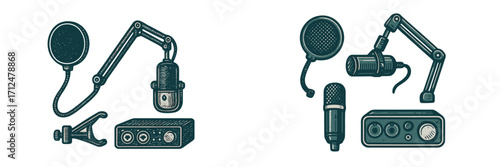 Professional studio podcasting equipment including microphones, pop filters, boom arms, and audio interface for broadcasting