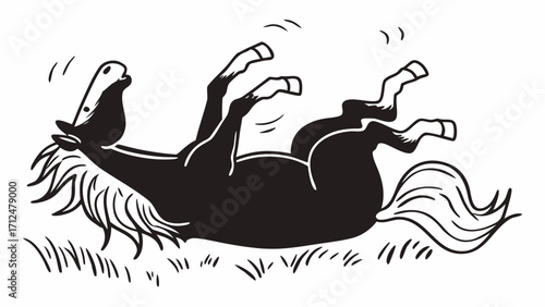 Illustration of a horse rolling on its back in a field with its legs in the air in black and white created with generated ai 
