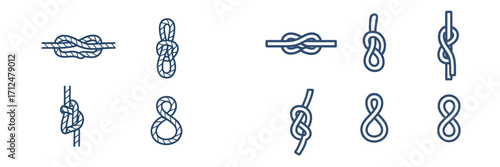 Diverse set of nautical knots and rope ties for sailing, boating, and marine applications, featuring various secure fastenings and loops