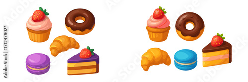 Delicious baked goods and sweet treats including cupcakes, donuts, croissants, macarons, and cake slices