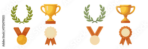Set of golden trophies, laurel wreaths, medals, and rosettes representing achievement and success