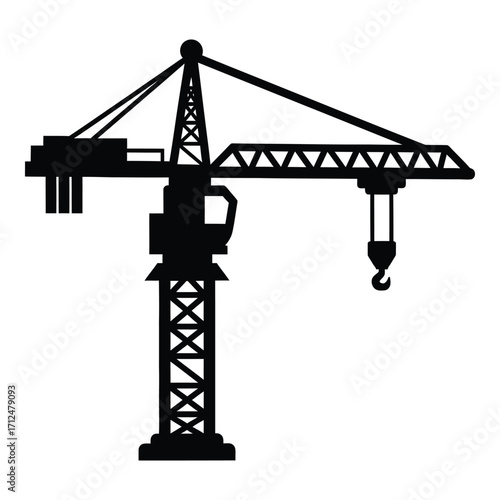 Silhouette of a tower crane in black and white symbolizing construction and heavy industry silhouette