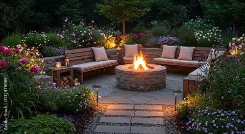 Evening Garden Oasis - Cozy Fire Pit with Seating, Illuminated by Warm Lights.
