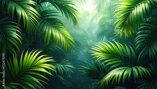 Lush Green Tropical Palm Leaves in Dense Forest with Pixelated Style Digital Art and Bright Sunlight Piercing Through the Canopy