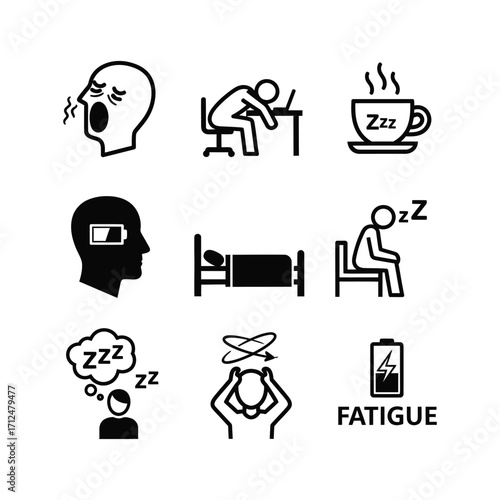 Battling Fatigue Icons Depicting Exhaustion, Sleep & Low Energy Levels
