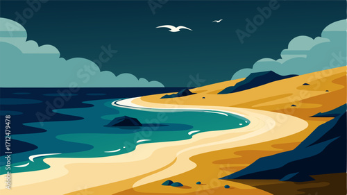 A sandy beach contrasted against the dark rich hues of a deep estuary inlet with the distant sound of crashing waves and seagulls echoing in the background.