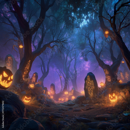 Misty Halloween Night in Forest with Glowing Pumpkins and Moonlight.